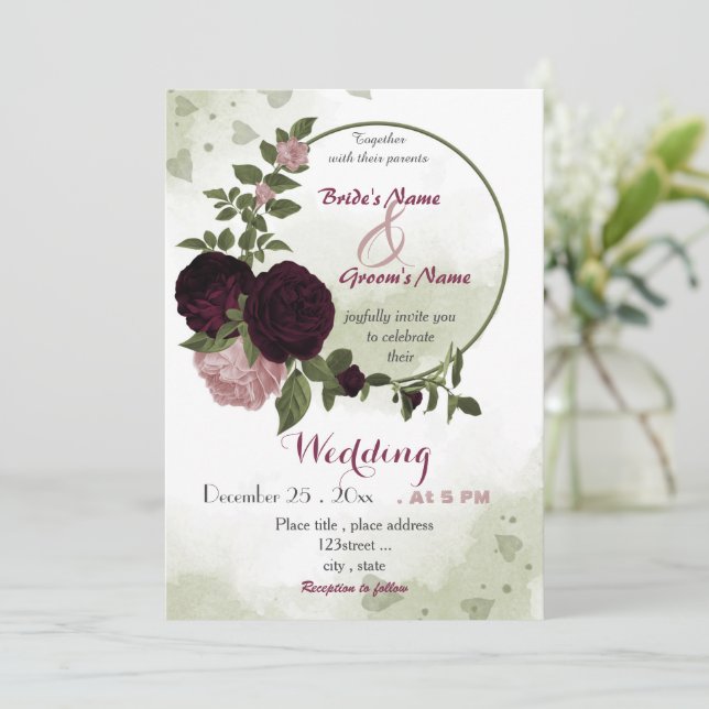 Invitation prune rose bordeaux fleurs vert couronne mariage (Debout devant)