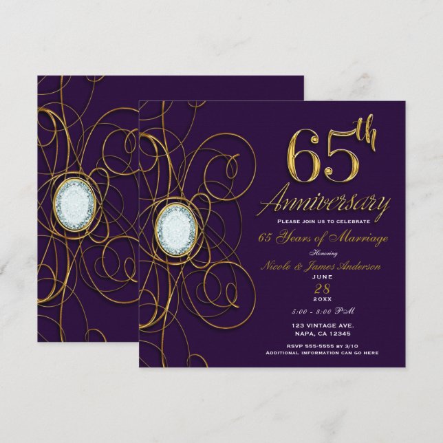 Invitation Prune Royale Violet Or Diamant Doré 65 65e Anniver (Devant / Derrière)