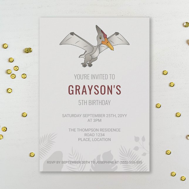 Invitation Pteranodon Dinosaur minimaliste gris anniversaire (Créateur téléchargé)