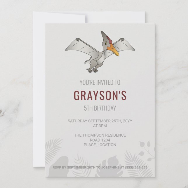 Invitation Pteranodon Dinosaure Minimaliste Gris Anniversaire (Devant)