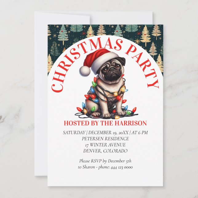 Invitation Pug Canin Rétro  Noël Aquarelle Mignon (Devant)