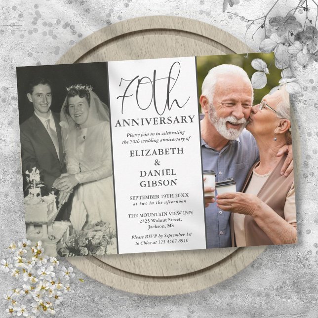 Invitation Puis et maintenant 2 Photo 70e anniversaire Mariag (Then And Now 2 Photo 70th Wedding Anniversary Invitation)