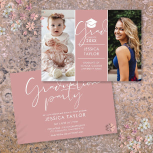 Invitation Puis Et Maintenant 2 Photo Pink Graduation Party