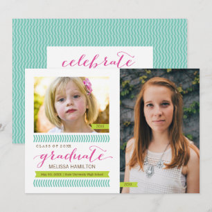 Invitation Puis et maintenant Mint & Pink Chevron Photo Gradu