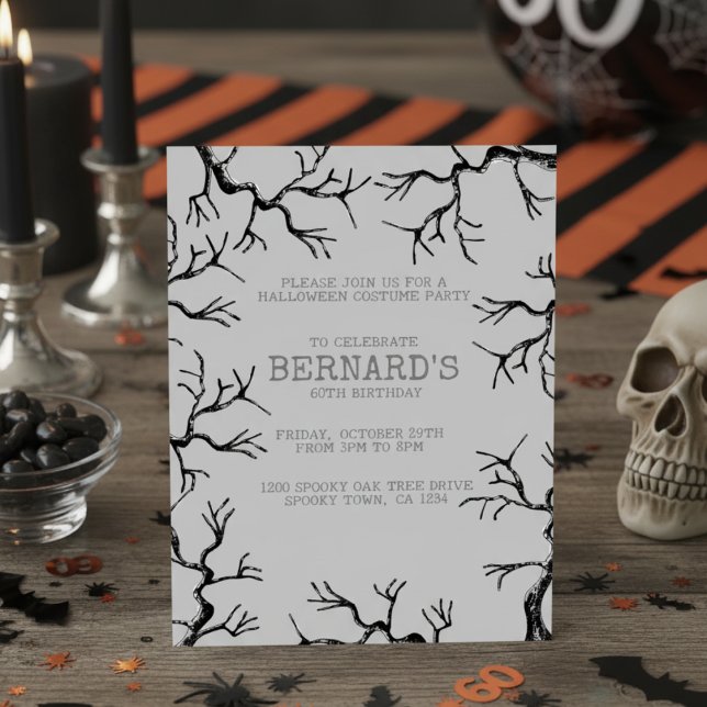 Invitation Puissant comme le Chêne Éffrayant Adulte Anniversa (Spooky Oak Trees Halloween Birthday Invitation for Him. Black & White Scary Oak Tree Illustration)