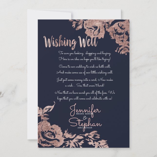 Invitation Puits de souhaits floral bleu marine et or rose (Devant)