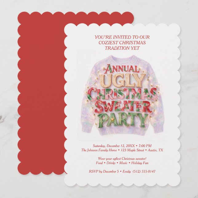 Invitation Pull rouge cosy rétro pour soirée Sweater Noël dém (Devant / Derrière)