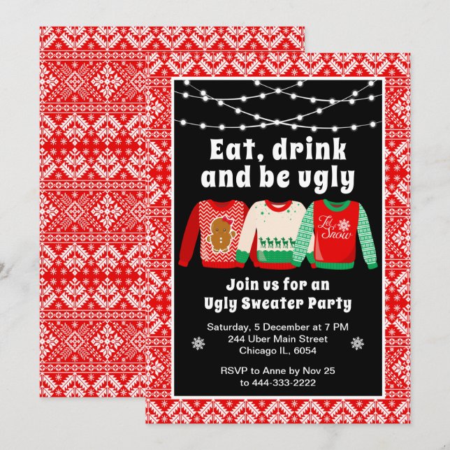 Invitation PULLS de Noël Horribles Fête de Fêtes Rouge (Devant / Derrière)