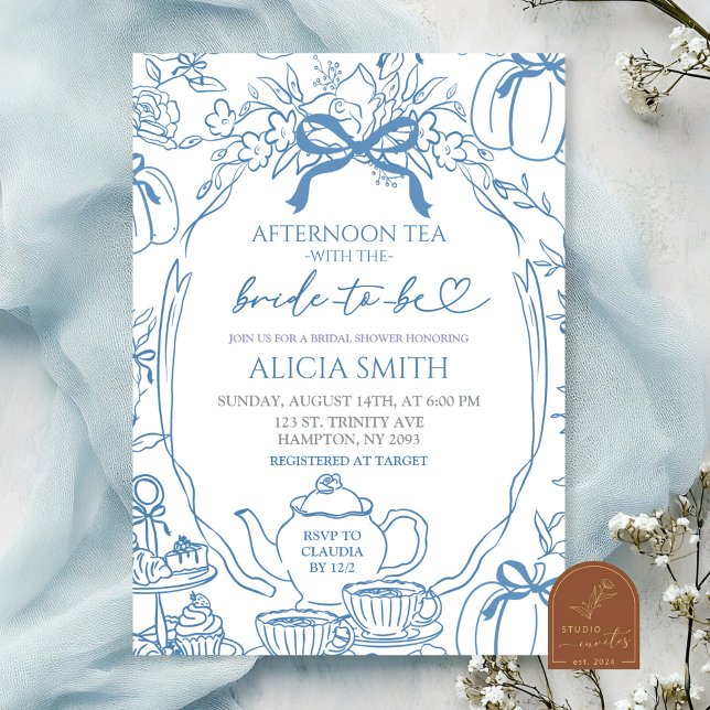 Invitation  Pumpkin Blue Bow Toile Bridal Shower Tea Party (Créateur téléchargé)
