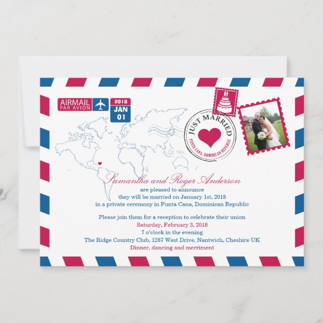 Invitation Puna Cana RD Réception de mariage par avion postal (Devant)