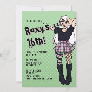 Invitation Punk Ado Girl Green Cartoon 16e anniversaire