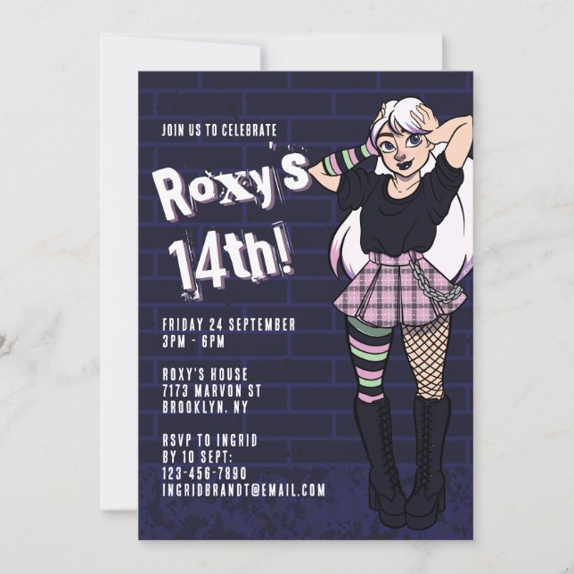 Invitation Punk Blue Cartoon Ado fille 14e anniversaire (Devant)