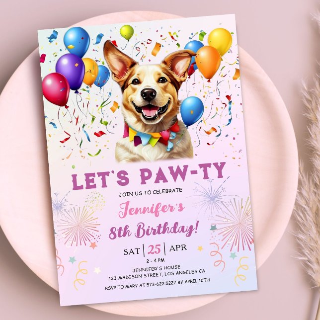 Invitation Puppy laisse Pawty Birthday Party Girl 8e annivers (Créateur téléchargé)