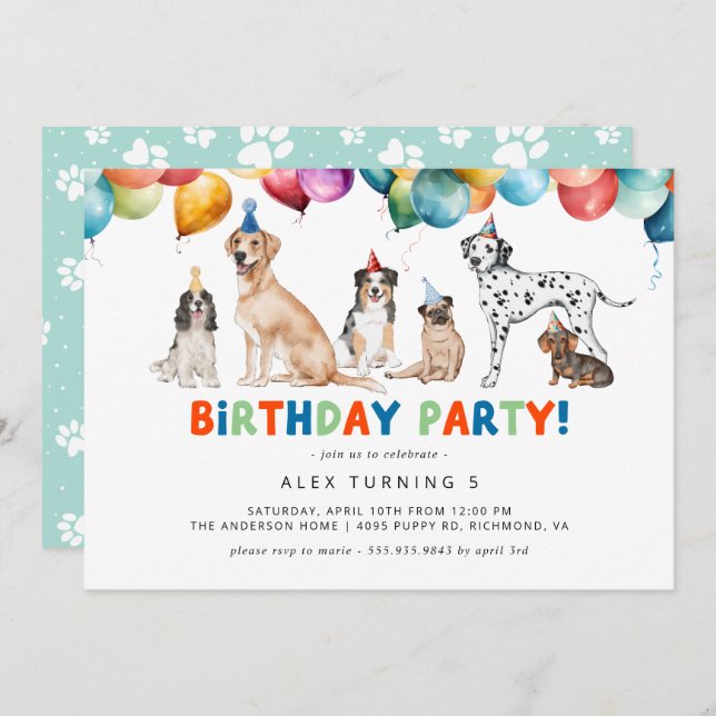 Invitation Puppy Party | Jote Fun Kids Chien Thème Anniversai (Devant / Derrière)