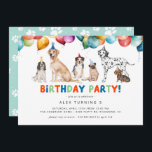 Invitation Puppy Party | Jote Fun Kids Chien Thème Anniversai<br><div class="desc">Invitations de fête d'anniversaire à thème pour chien amusant avec des illustrations de diverses races de chiens et des ballons de fête. L'envers a un motif d'empreinte bleu ciel. Personnalisez avec les détails de votre fête.</div>