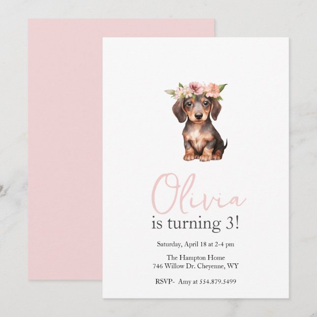 Invitation Puppy Pawty Dachshund Parti anniversaire de enfant (Devant / Derrière)