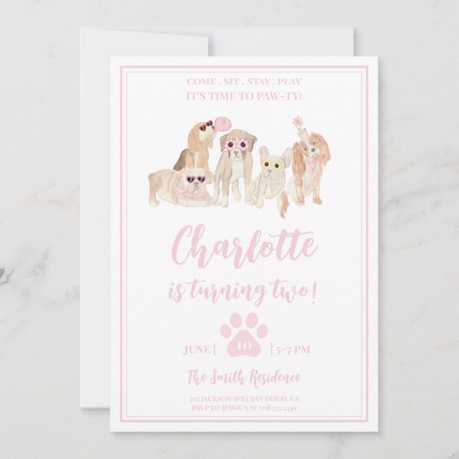 Invitation Puppy Pawty Pink Chien thème Fille fête d'annivers (Devant)