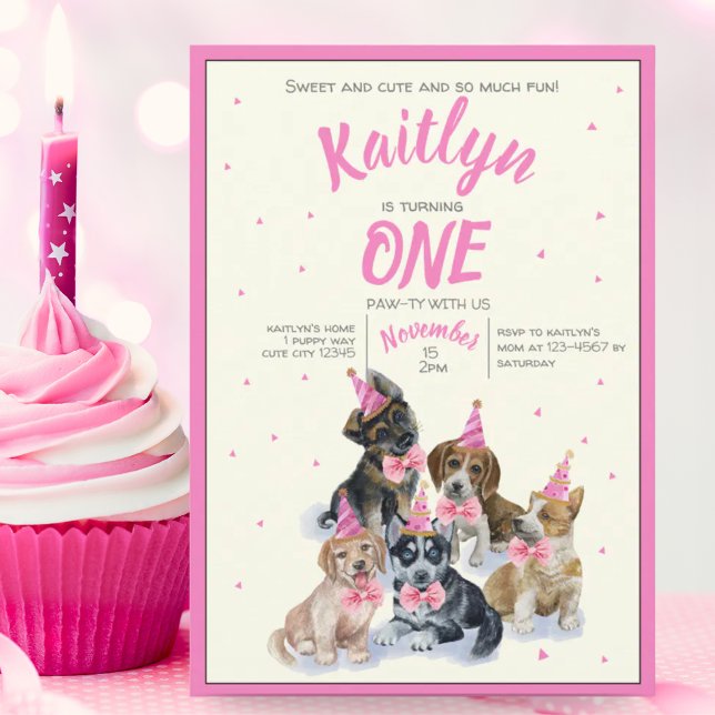 Invitation Pure chiot 🐶 Filles à thème rose fête d'anniversa (Pure Puppy | Themed Girls Pink Birthday Party Invitation)