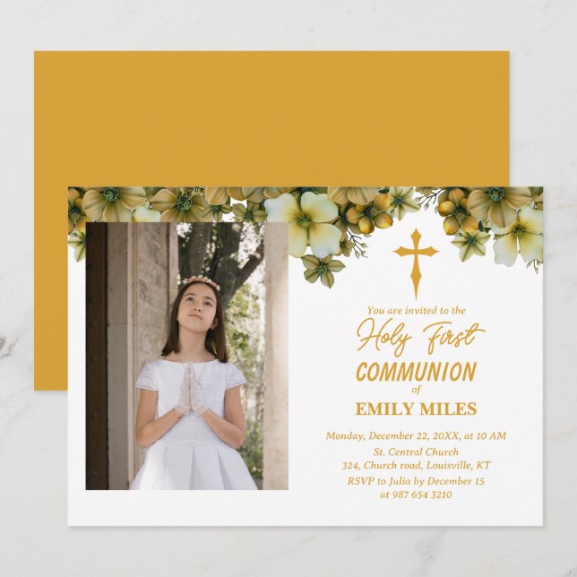Invitation Pure Elegance florale première communion catholiqu (Devant / Derrière)
