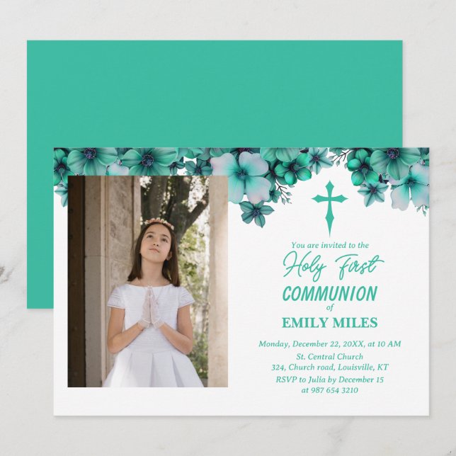 Invitation Pure Elegance florale première communion catholiqu (Devant / Derrière)
