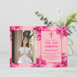 Invitation Pure Elegance rose fleur première communion cathol