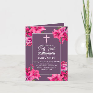 Invitation Pure Elegance rose fleur première communion cathol