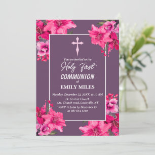 Invitation Pure Elegance rose fleur première communion cathol