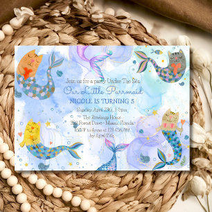 Invitation Purmaid chat sirène aquarelle fille anniversaire
