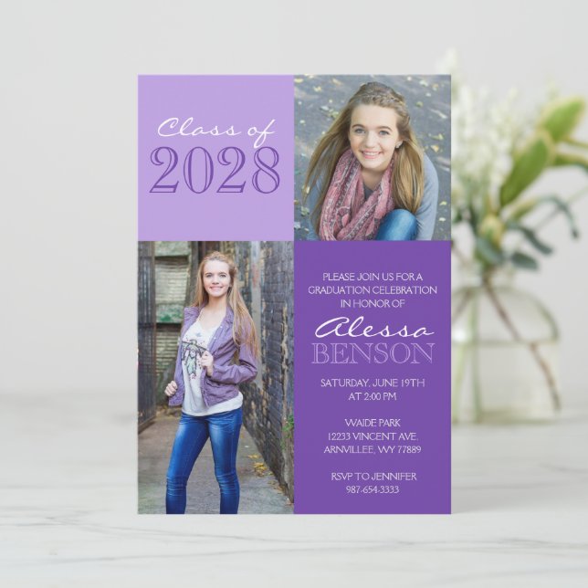Invitation Purple 2 Toned Classic 2 Photo Graduation (Debout devant)