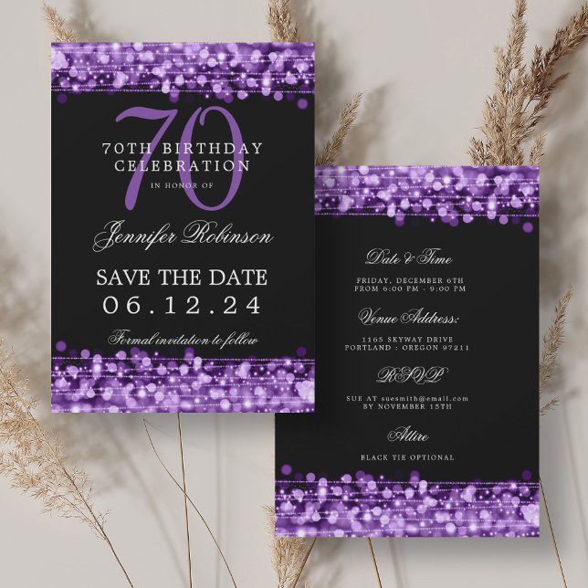 Invitation Purple 70th Birthday Enregistrer la date avec les  (Purple 70th Birthday Save the Date w/ Details Invitation)