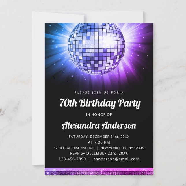 Invitation Purple 70th Birthday Party 70's Disco Ball (Devant)