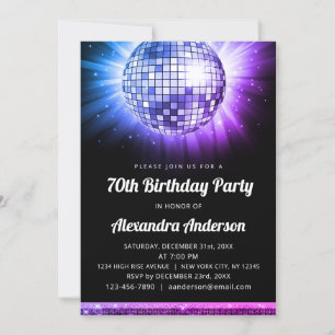 Invitation Purple 70th Birthday Party 70's Disco Ball