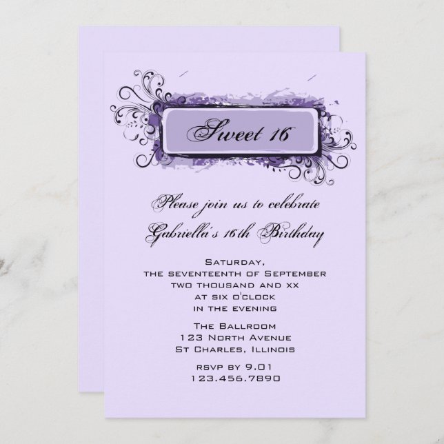 Invitation Purple Abstrait Floral Sweet 16 fête d'anniversair (Devant / Derrière)