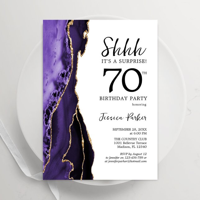 Invitation Purple Agate Blanc Or Surprise 70e anniversaire (Créateur téléchargé)