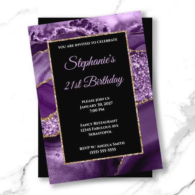 Invitation Purple Agate Gold Parties scintillant Glam 21e ann (Purple Agate Gold Glitter Glam 21st Birthday Invitation)