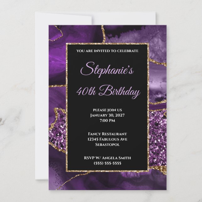 Invitation Purple Agate Gold Parties scintillant Glam 40e ann (Devant)