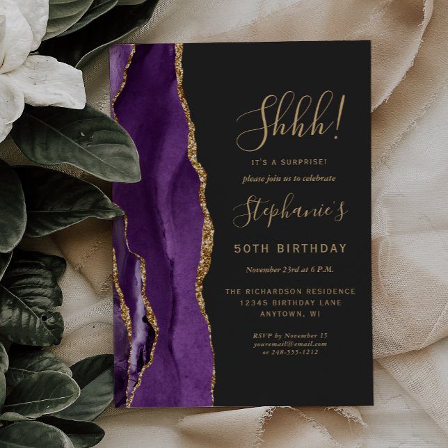 Invitation Purple Agate Gold Surprise 50e fête d'anniversaire (Créateur téléchargé)