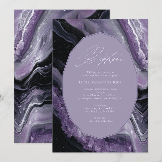 Invitation Purple Agate moderne bébé Christening Baptême (Devant / Derrière)