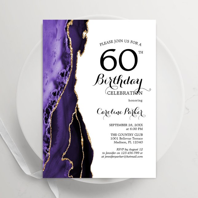 Invitation Purple Agate Or Blanc 60e anniversaire (Créateur téléchargé)