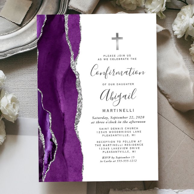 Invitation Purple Agate Silver Glitter Confirmation (Créateur téléchargé)
