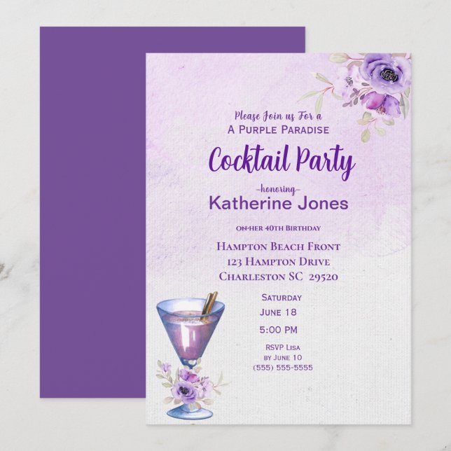 Invitation Purple Alexander Anniversaire Cocktail Party (Devant / Derrière)