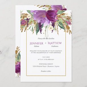 Invitation Purple Amethyst Floral Parties scintillant or prin