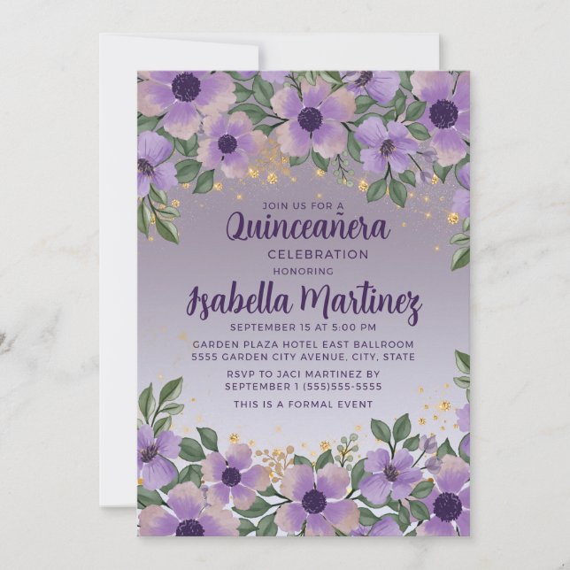 Invitation Purple Amethyst Lavender Gold Parties scintillant  (Devant)