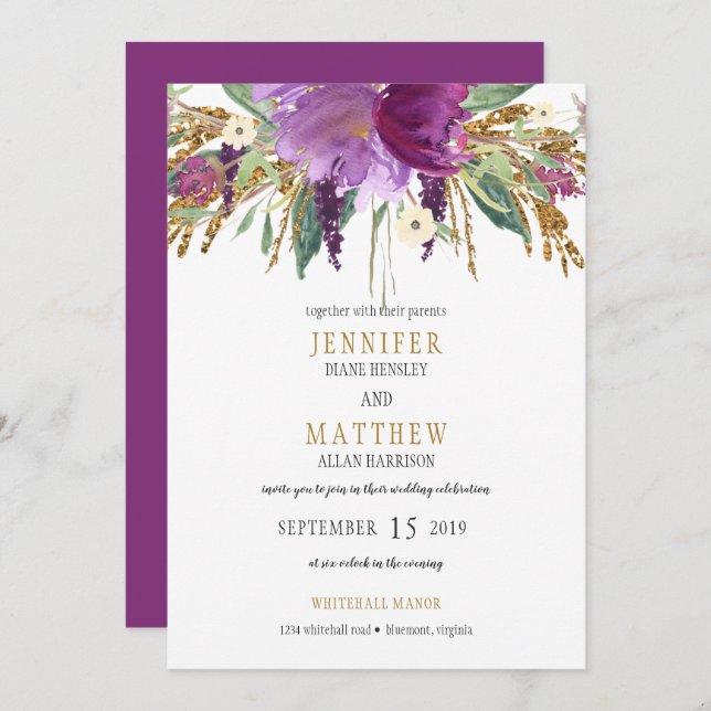 Invitation Purple Amethyst Parties scintillant or Mariage de  (Devant / Derrière)