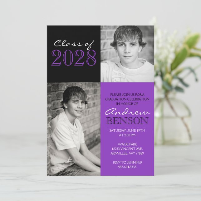 Invitation Purple and Black Classic 2 Diplôme photo (Debout devant)