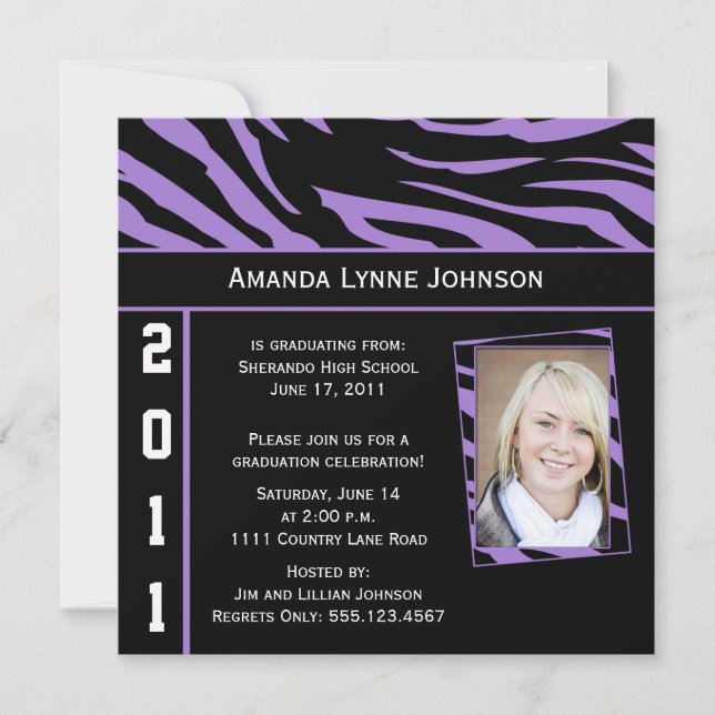 Invitation Purple and Black Zebra Imprimer Graduation Invitat (Devant)