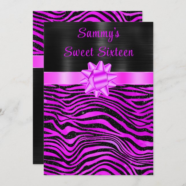 Invitation Purple and Black Zebra Stripes Sweet Sixteen (Devant / Derrière)