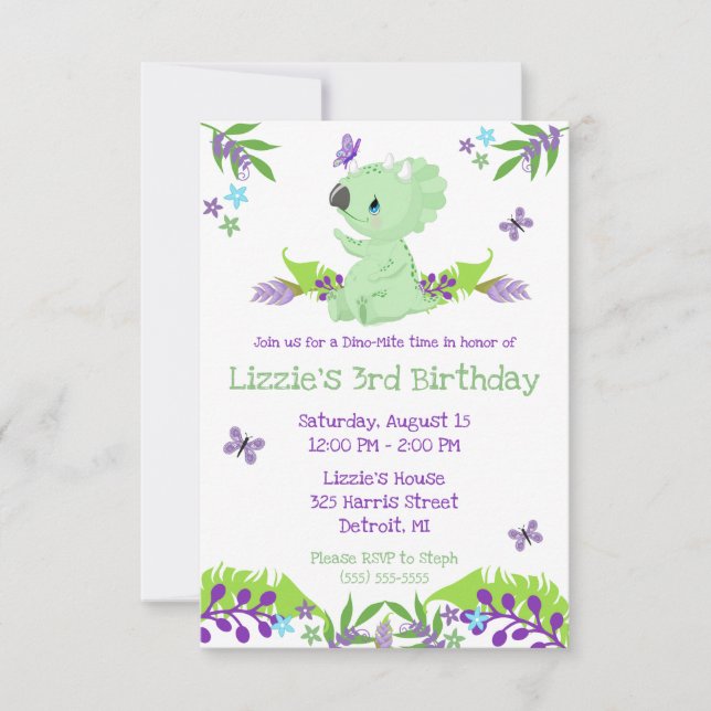 Invitation Purple and Blue Dino-Mite Heure Anniversaire (Devant)