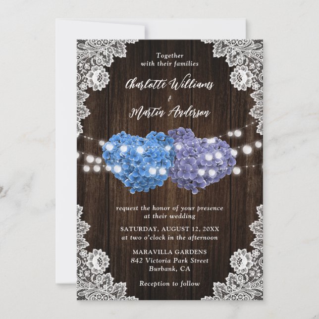 Invitation Purple and Blue Floral Hearts Wood Lace Wedding (Devant)