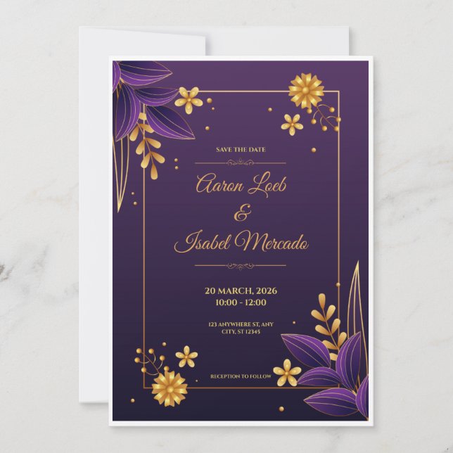 Invitation Purple and Gold Aesthetics Floral Save the Date (Devant)